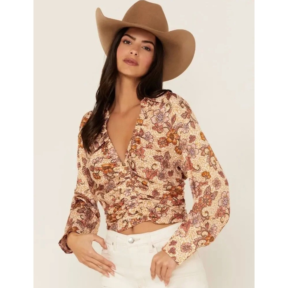 Free People Printed Top Womens L Vintage Combo I Got You Ruched Floral OB1434193